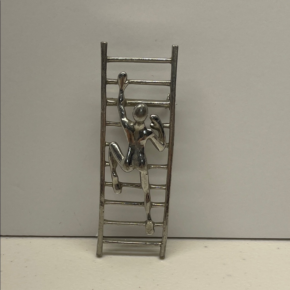 Vintage Silver Tone Nude Naked Climbing Ladder  Pin Brooch Modernist